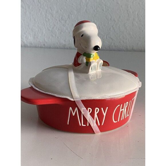 Rae Dunn Peanuts Snoopy Merry Christmas Ceramic Brie Baking Casserole Dish w/Lid - Picture 8 of 13